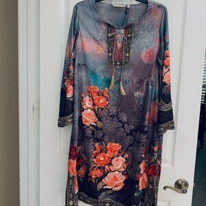 ASIAN Inspired Dress Tunic Top Beading Soft Surrondings Sz m